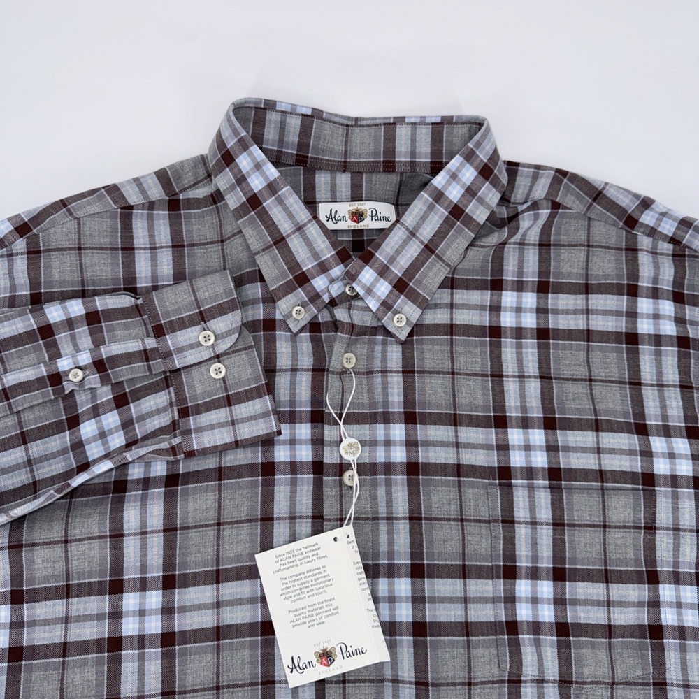 Alan Paine Mens XXL Grey Brown Blue Plaid Button Down Shirt 100% Cotton NWT